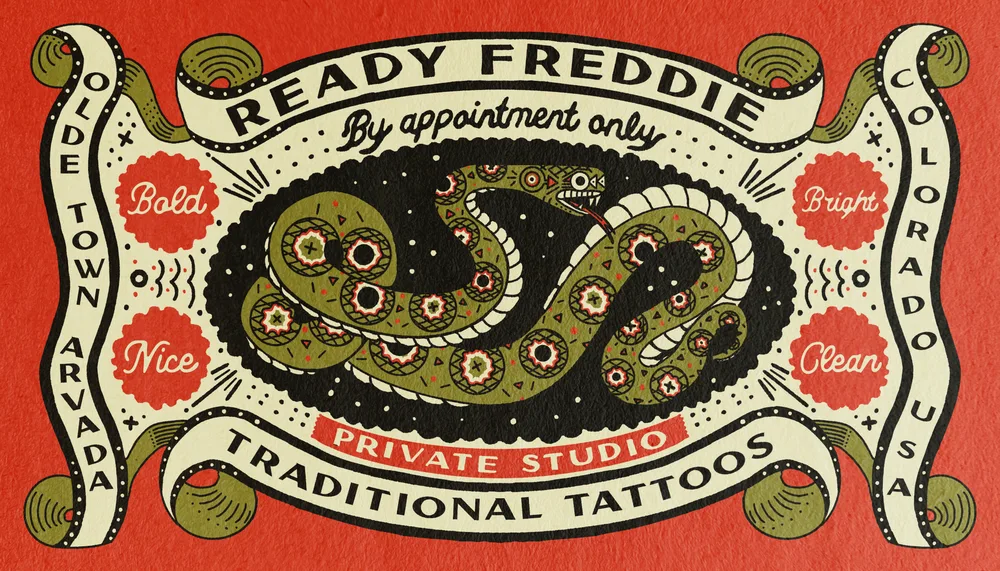 Ready Freddie, Tattoo shop business cards, front and back